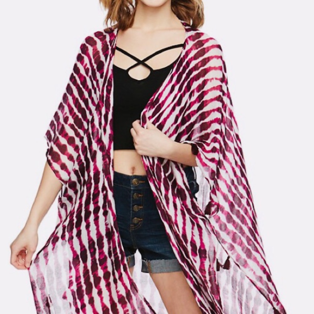 MUDD Pink Kimono Knotted Fringe Sheer Tie Dye 💖